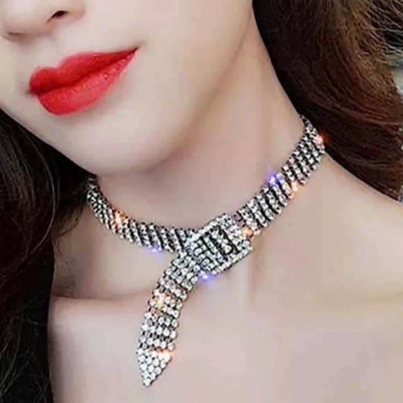 Silver Belt Buckle Crystal Rhinestone Choker - Picture 2 of 14